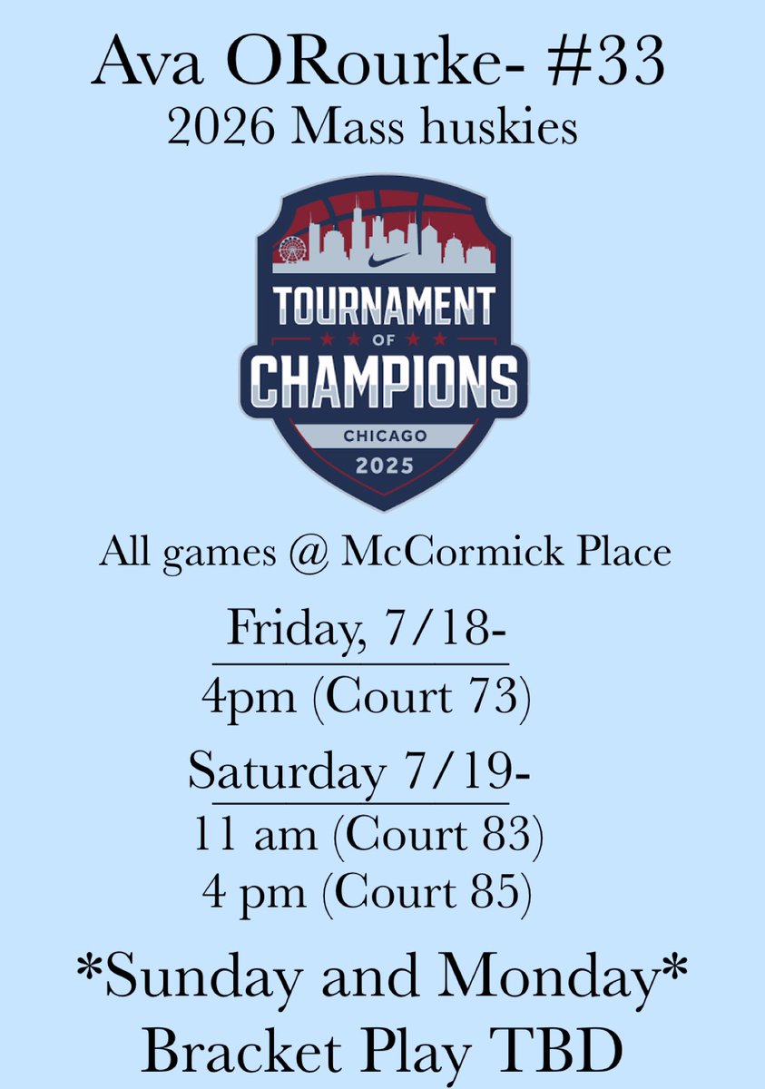 Excited to play with my team in my last AAU tournament this weekend at the Tournament of Champions in Chicago! Here’s my schedule: <a href="/MAHuskies/">MA_Huskies</a> <a href="/coachchekim1/">Che</a> <a href="/atrtraining978/">Above The Rim Training</a> <a href="/BashHoopsNE/">Bash Hudson</a>