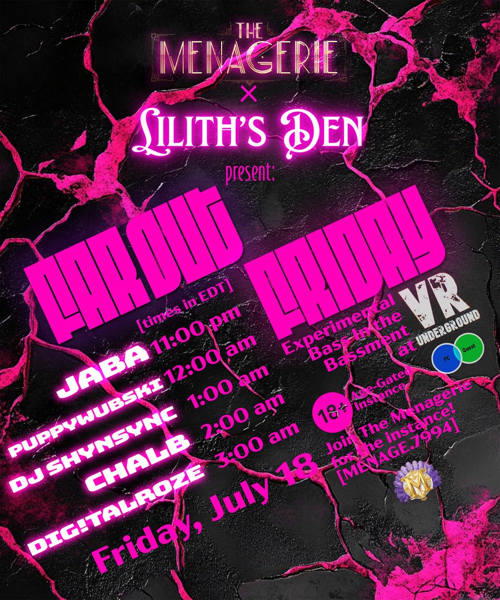 BlahVRC (@blahvrc) on Twitter photo Hello, hope everyone is doing alright.
Been about a year since I played at Lilith's Den +support of <a href="/TheMenagerieVRC/">Mercury In Gemini</a> for the first time. Good memories. Now they are back together for a night!
Heard about this chalb dj before, plays Hardwave - but maybe I got that backwards... Hello, hope everyone is doing alright.
Been about a year since I played at Lilith's Den +support of <a href="/TheMenagerieVRC/">Mercury In Gemini</a> for the first time. Good memories. Now they are back together for a night!
Heard about this chalb dj before, plays Hardwave - but maybe I got that backwards...
