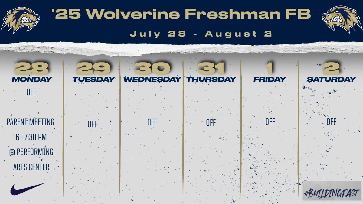 Our schedule for the week of July 28 through August 2. Players will have off this week from workouts. We will have a parent meeting on Monday July 28. This will be held in the performing arts center at Bentonville West High School.