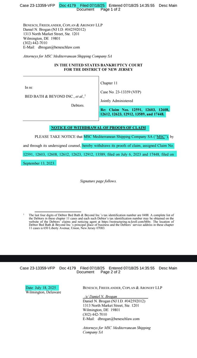 BobbyCat42's tweet image. New $BBBY docket 🚨
MSC is withdrawing 8 proofs of claims against the estate they submitted back in July and September 2023 🚢⛲️
🛌🛁🚀