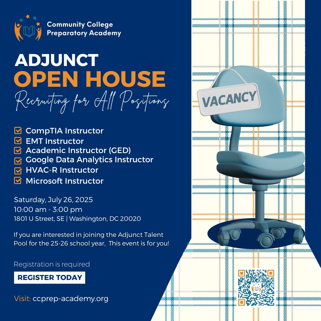 You're Invited - Join Us at the CC Prep Adjunct Open House
Learn more at ccprep-academy.org/joinourteam

#ccprep #debtfree #careerfocused #wearesoDC