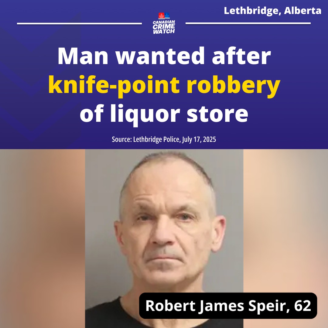 CrimeWatchCAN's tweet image. LETHBRIDGE, ALBERTA - Robert James Speir, 62, of Lethbridge, is charged with robbery and possession of an offensive weapon dangerous to the public.