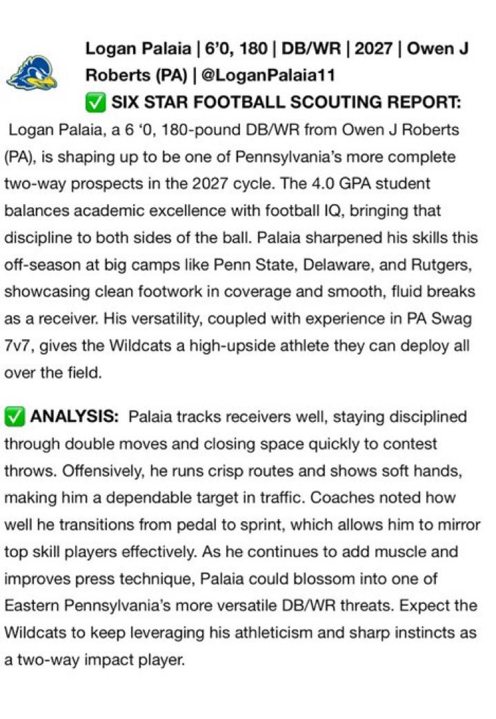 Logan Palaia (@loganpalaia11) on Twitter photo Thank you <a href="/sixstarfootball/">Six Star Football | PLUS+</a> for the amazing write up!! <a href="/Delaware_FB/">Delaware Football</a> <a href="/OjrWildcatFB/">Owen J Roberts FB - DC Coach Mellon</a> <a href="/SWAG7v7/">SWAG 7v7</a> <a href="/CoachGoldrich/">Sean Goldrich</a> <a href="/Coach_ArtLink/">Art Link</a> Thank you <a href="/sixstarfootball/">Six Star Football | PLUS+</a> for the amazing write up!! <a href="/Delaware_FB/">Delaware Football</a> <a href="/OjrWildcatFB/">Owen J Roberts FB - DC Coach Mellon</a> <a href="/SWAG7v7/">SWAG 7v7</a> <a href="/CoachGoldrich/">Sean Goldrich</a> <a href="/Coach_ArtLink/">Art Link</a>