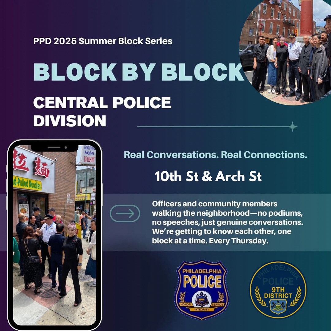 PPDMGillespie's tweet image. Many thanks to the Chinatown Business Community for their time as we continue - the @PhillyPolice CPD Summer Block Series. Walk - Talk - Build Relationships.
@PPD09Dist @PPDComPrtBureau
