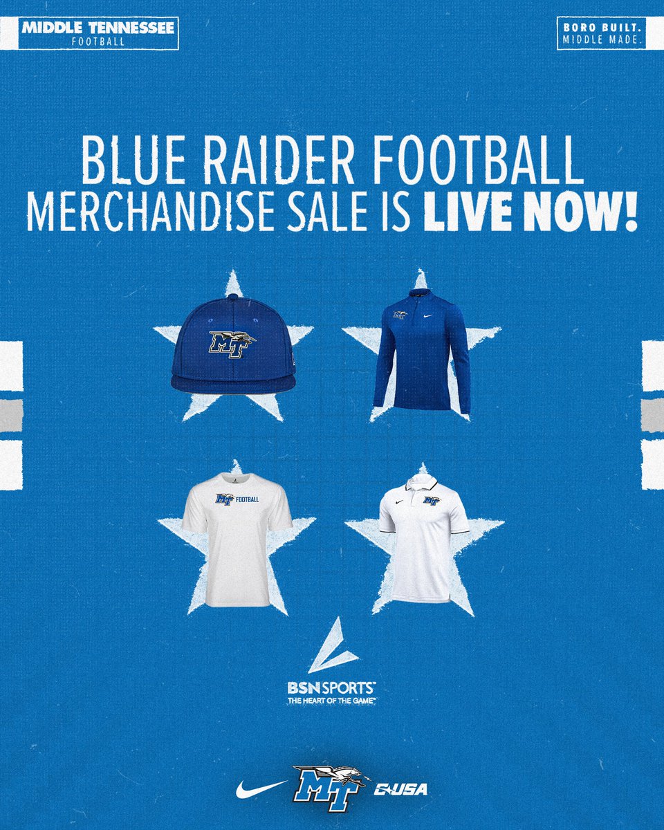 Middle Tennessee Athletics (@mtathletics) on Twitter photo Gear up for <a href="/MT_FB/">Middle Tennessee Football</a> game day with this limited time online store that closes on July 31! That white hat might come in handy for the first game ๐
๐ goblueraiders.co/BSN-FB25 Gear up for <a href="/MT_FB/">Middle Tennessee Football</a> game day with this limited time online store that closes on July 31! That white hat might come in handy for the first game ๐
๐ goblueraiders.co/BSN-FB25