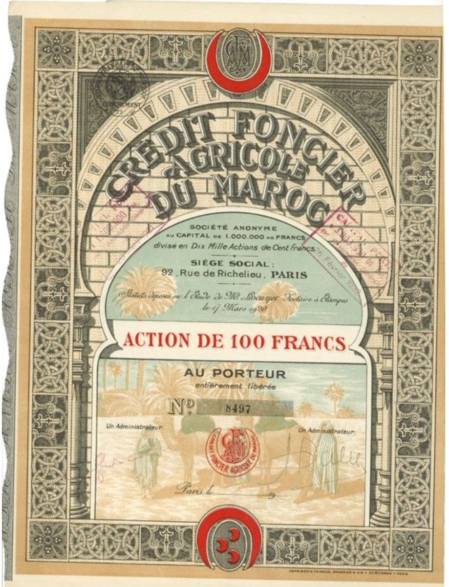 From the Origins of Value Virtual Museum: Credit du Moroc, Agricultural Land Credit of Morocco, 1920, Paris, no. 8497. bit.ly/4eVGbVP  #ICF_FinancialHistoryFriday