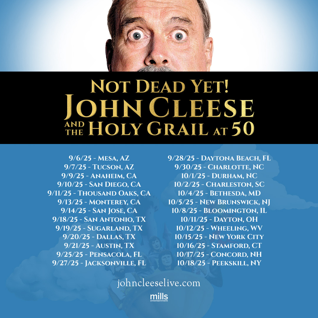 JohnCleese's tweet image. Get ready for unforgettable evening as we celebrate 50 years of Monty Python and the Holy Grail with yours truly, John Cleese! Tickets are on sale now at johncleeselive.com!