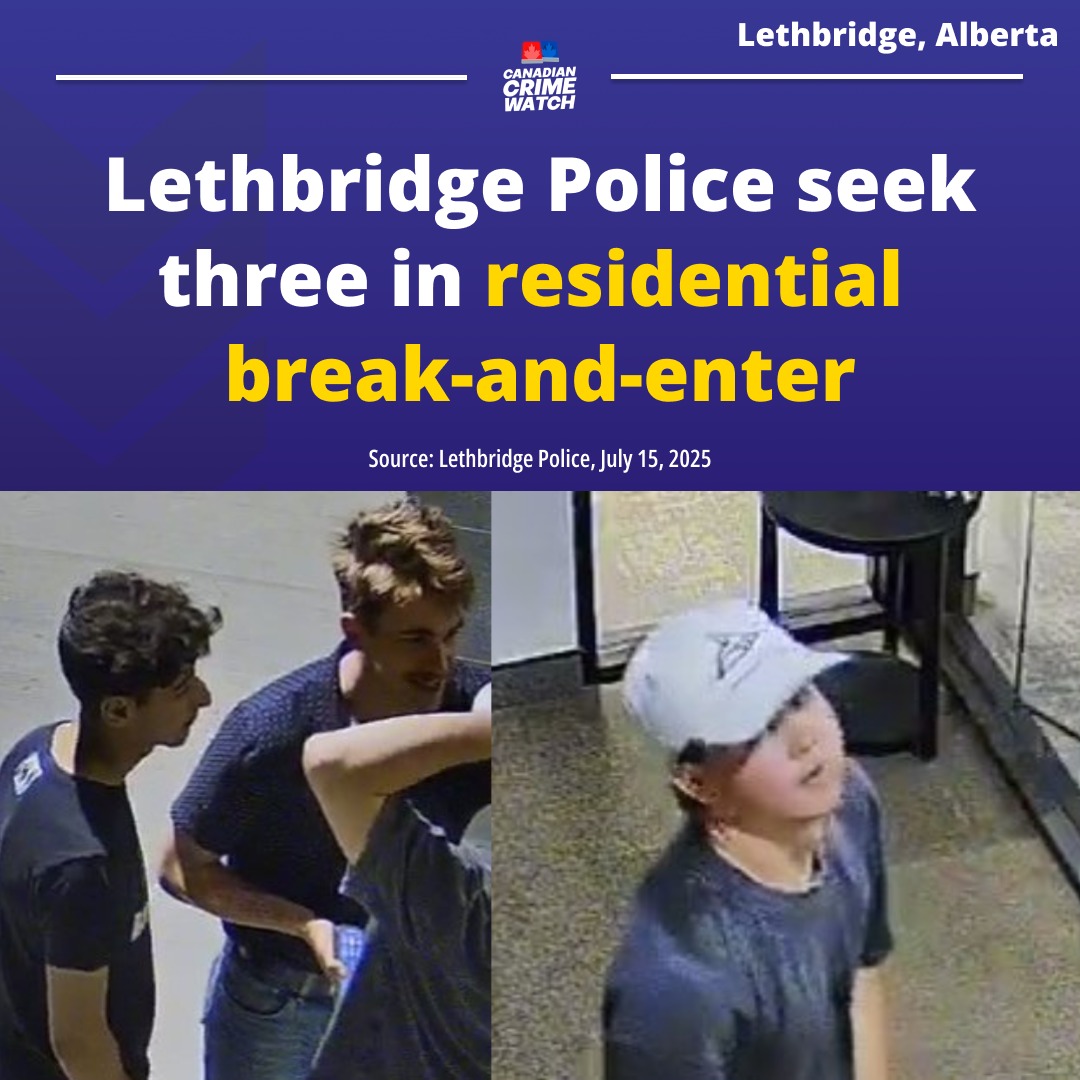 CrimeWatchCAN's tweet image. LETHBRIDGE, ALBERTA - On July 1, at approximately 2:00 am, three unknown males entered a locked apartment building along the 100 block of Scenic Drive North. While trespassing, the males stole a bottle of wine.