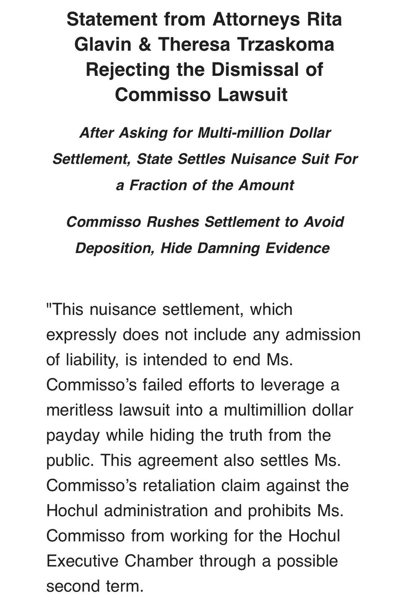 emmagf's tweet image. A response from Cuomo’s team: "We oppose the dismissal of Ms. Commisso's lawsuit because it is in the public interest for the public to see the evidence that New York taxpayers paid to obtain.”