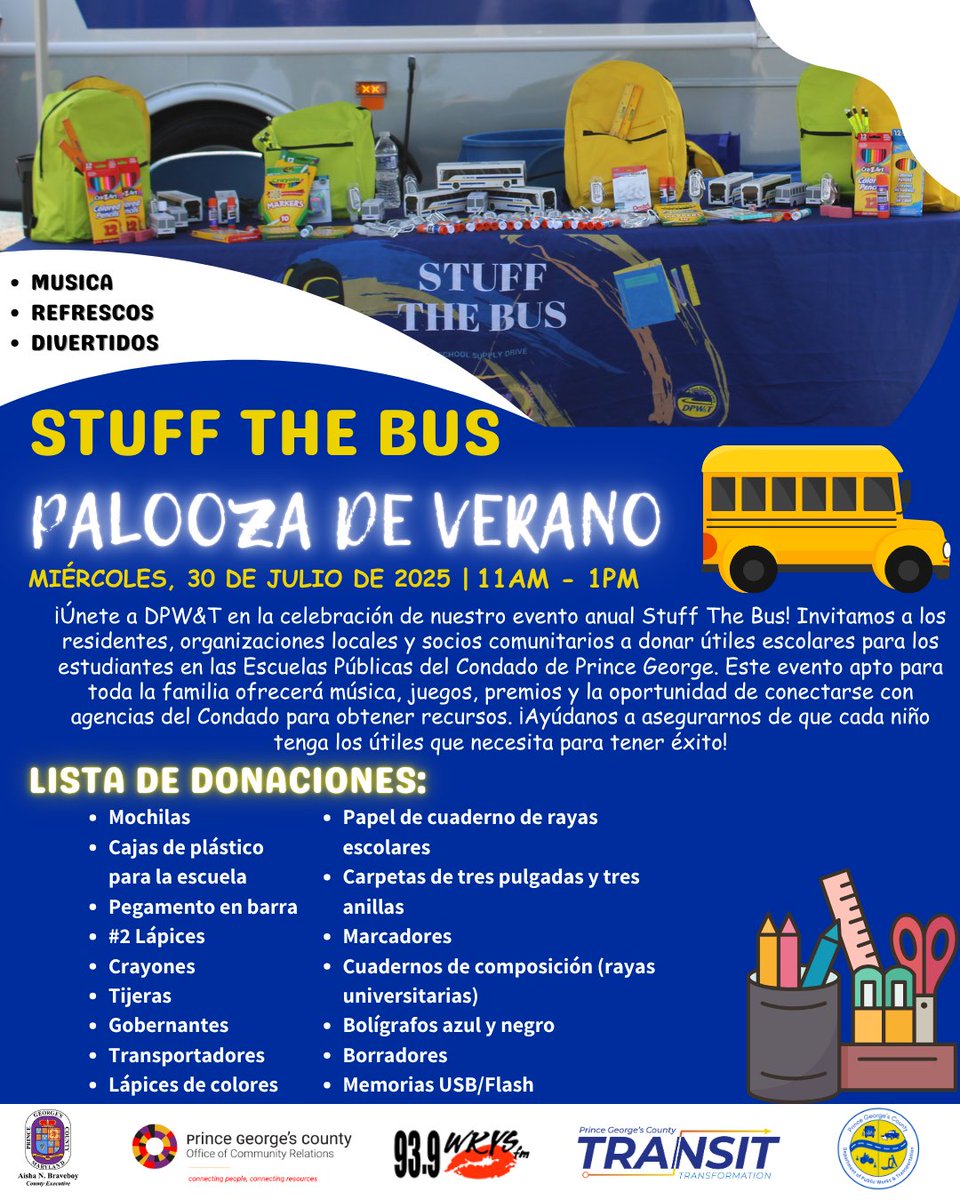 PGCCommunity's tweet image. Join us for the annual Stuff The Bus school supply drive! 🎒 Help us gather donations for Prince George's County students as they gear up for the school year. 📚💪 Running from July 16 - August 15, Monday-Friday, 10am-2pm. Let’s make a difference! @PGCountyDPWT