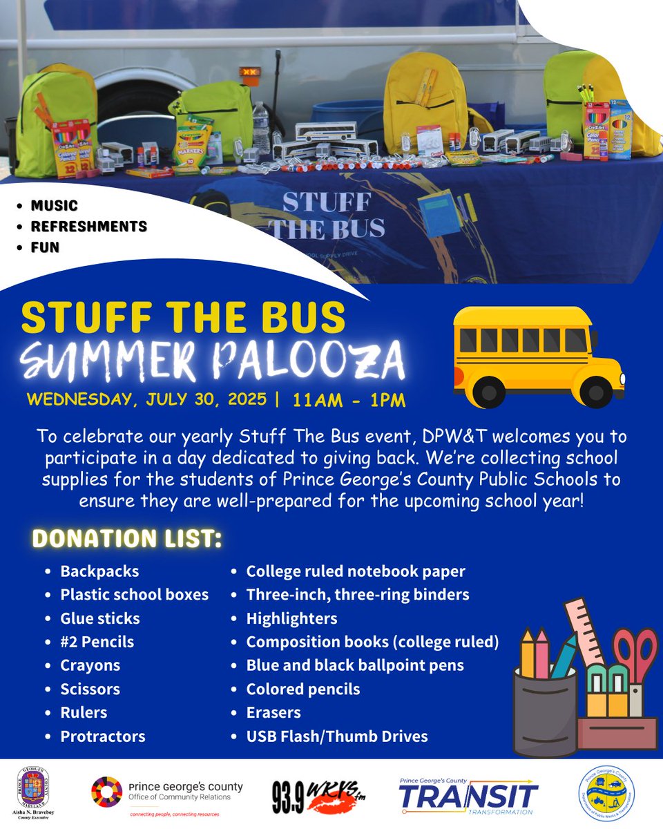 PGCCommunity's tweet image. Join us for the annual Stuff The Bus school supply drive! 🎒 Help us gather donations for Prince George's County students as they gear up for the school year. 📚💪 Running from July 16 - August 15, Monday-Friday, 10am-2pm. Let’s make a difference! @PGCountyDPWT