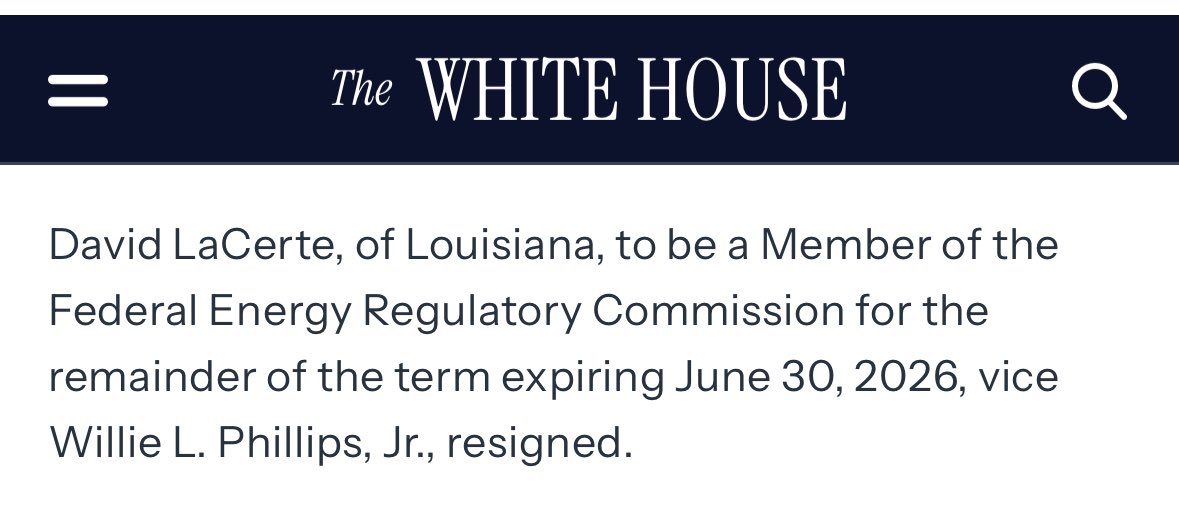 LaCerteDA's tweet image. I’m greatful for the trust and confidence of the President and I’m eagerly looking forward to review by the Senate for confirmation as the first FERC Commissioner from the great state of Louisiana.