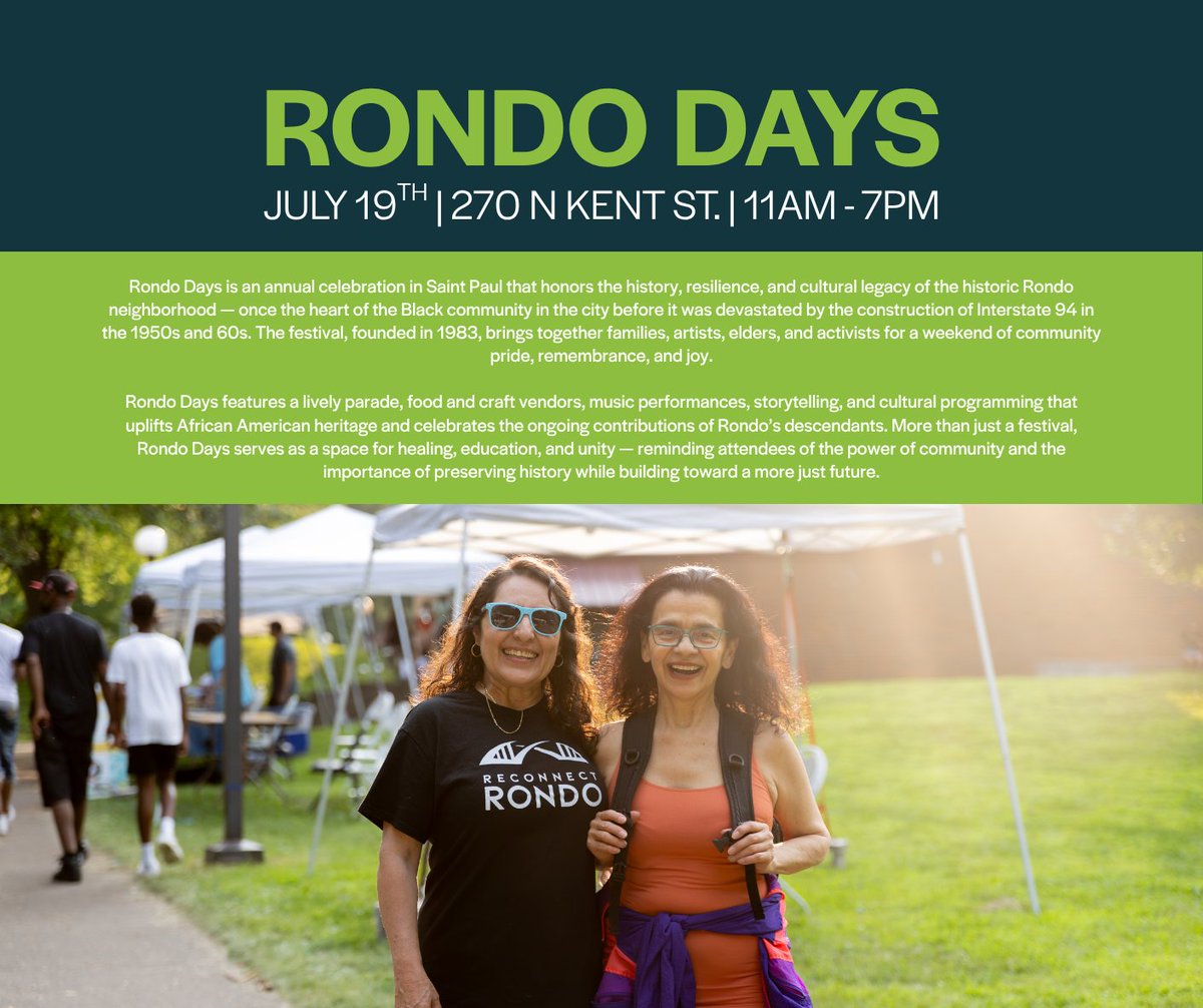 One of the best days of the summer is almost here! ☀️
Rondo Days takes place July 19th from 11 AM to 7 PM—bringing together generations for a powerful celebration of culture and community.

#RondoDays #BuildaBridgeToBetter #SaintPaulEvents