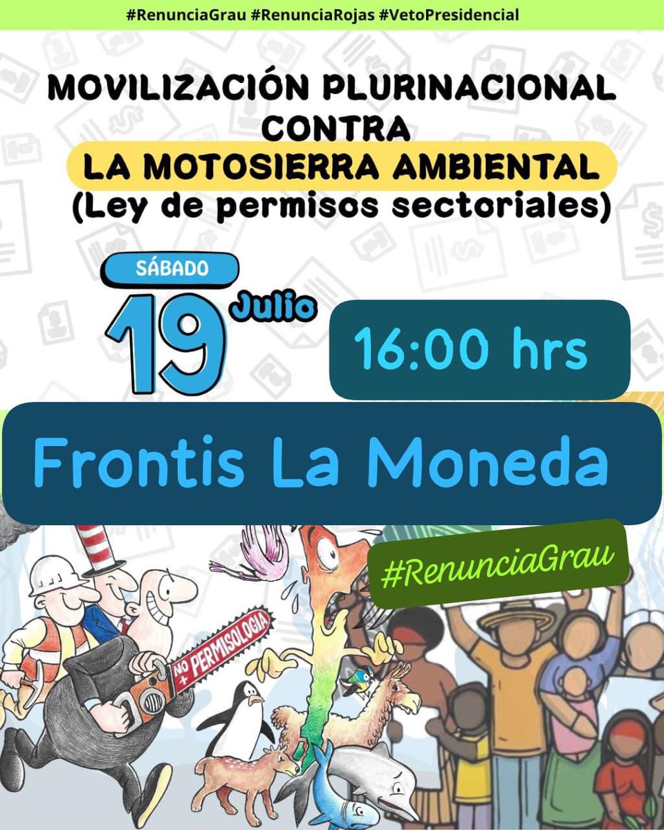 PatyAlvarezO's tweet image. 🔴 19 DE JULIO MOVILIZACIÓN NACIONAL EN TODAS LAS CIUDADES DEL PAÍS NO A LA MOTOSIERRA AMBIENTAL
📣 LA 🐝NATURALEZA NO SE VENDE SE DEFIENDE..💪
💥 LOS TERRITORIOS SE LEVANTAN, EL GOBIERNO NOS ESCUCHA 💥
#RenunciaGrau #RenunciaRojas
#NoALaMotosierraAmbiental