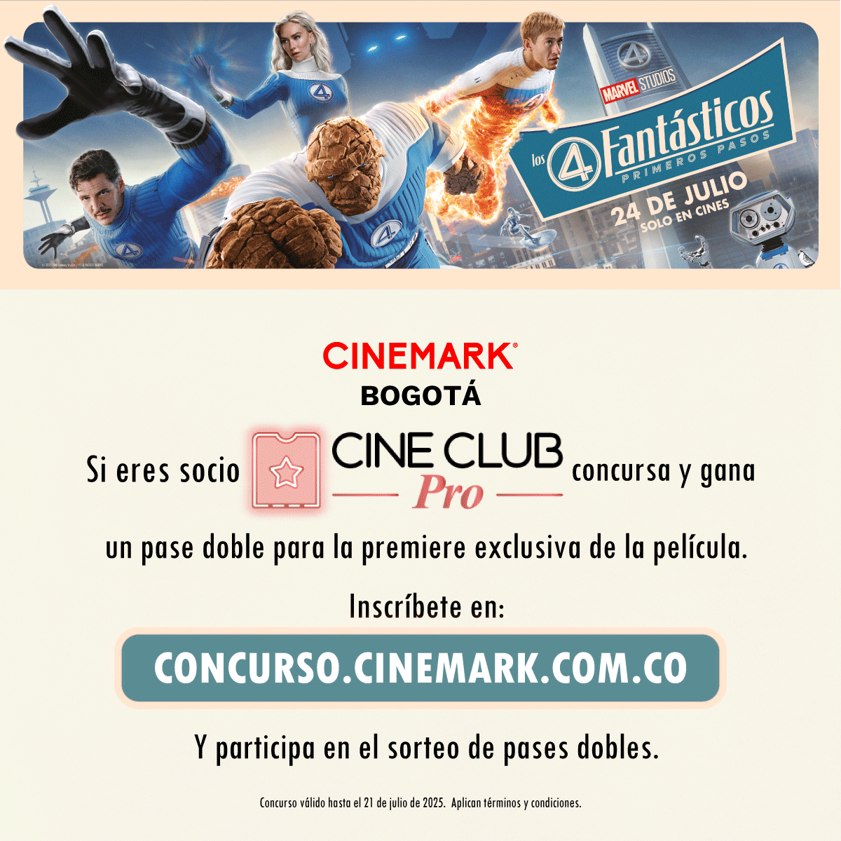 CinemarkCol's tweet photo. ¡Ser #CineClubPro 😎 es ir a PREMIERES EXCLUSIVAS!⁣⁣⁣⁣⁣⁣⁣⁣⁣⁣⁣⁣⁣⁣⁣
⁣
Regístrate en https://t.co/FD5hjQAWgz sección - CONCURSOS 🎉 y participa por un pase doble para asistir a la premier de #4Fantásticos 4️⃣️ este martes 22 de julio. 🎥🍿⁣⁣⁣⁣⁣⁣⁣⁣ https://t.co/BXH5MFzcUw