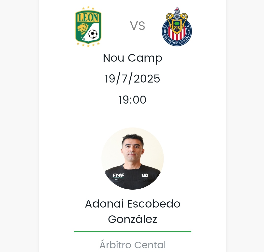 GuzmanGasso's tweet image. ¡ADONAI ESCOBEDO será el ÁRBITRO CENTRAL del @clubleonfc vs @Chivas!
🔍🇲🇽🟨🟥⚽️
🖥 En el #VAR estará Guillermo Pacheco Larios.