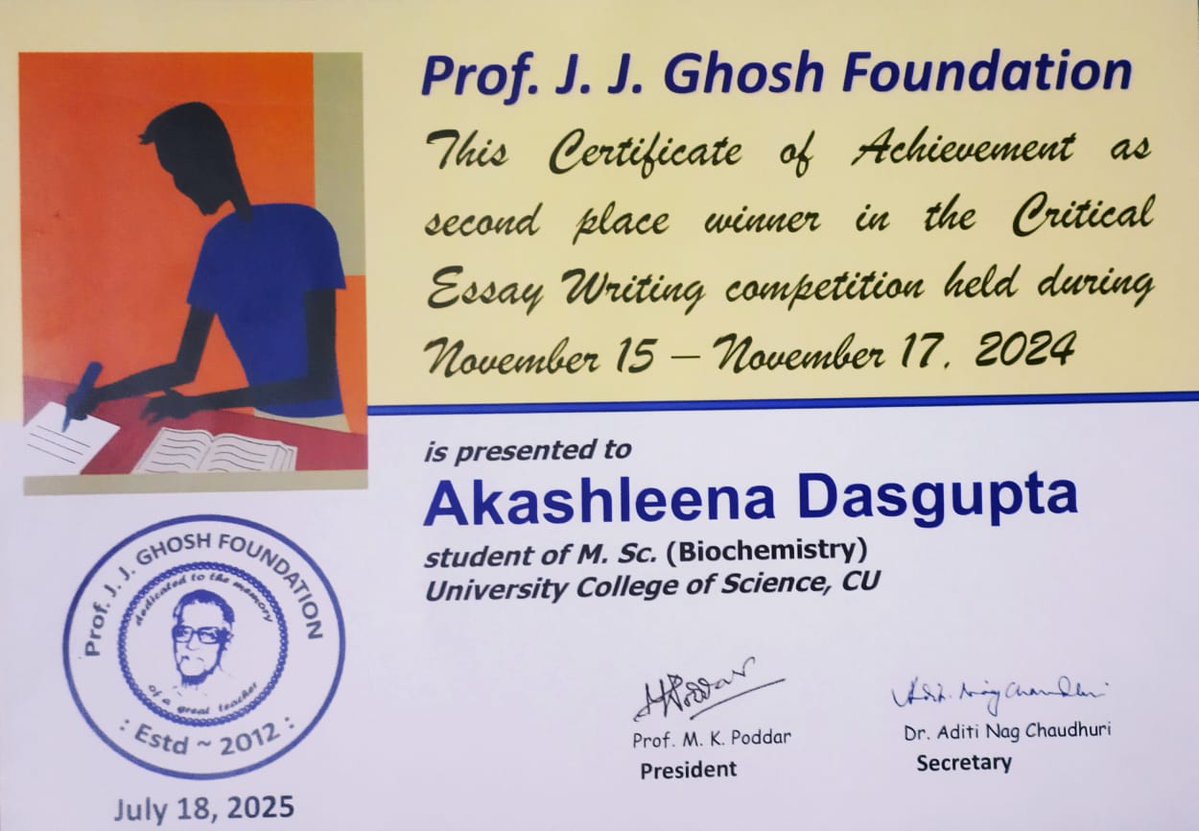 ajoydasgupta's tweet image. My lovely daughter, Akashleena Dasgupta, achieved second prize in the prestigious Prof. J.J. Ghosh Foundation critical essay writing competition 2024 on "MicroRNAs: role in carcinogenesis and its cure." Proud moment!