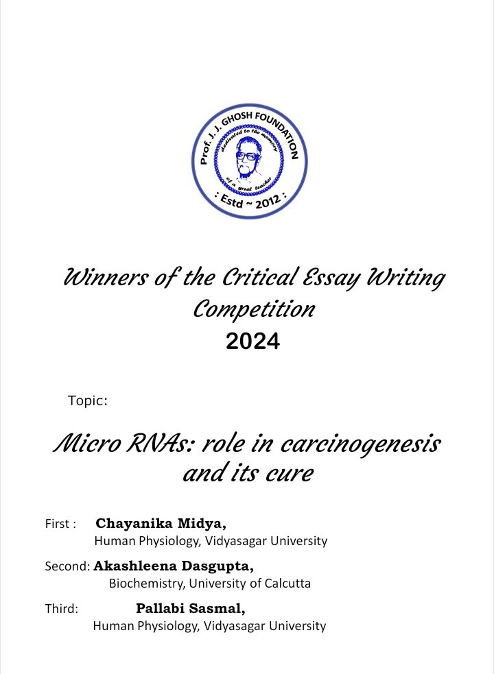 ajoydasgupta's tweet image. My lovely daughter, Akashleena Dasgupta, achieved second prize in the prestigious Prof. J.J. Ghosh Foundation critical essay writing competition 2024 on "MicroRNAs: role in carcinogenesis and its cure." Proud moment!