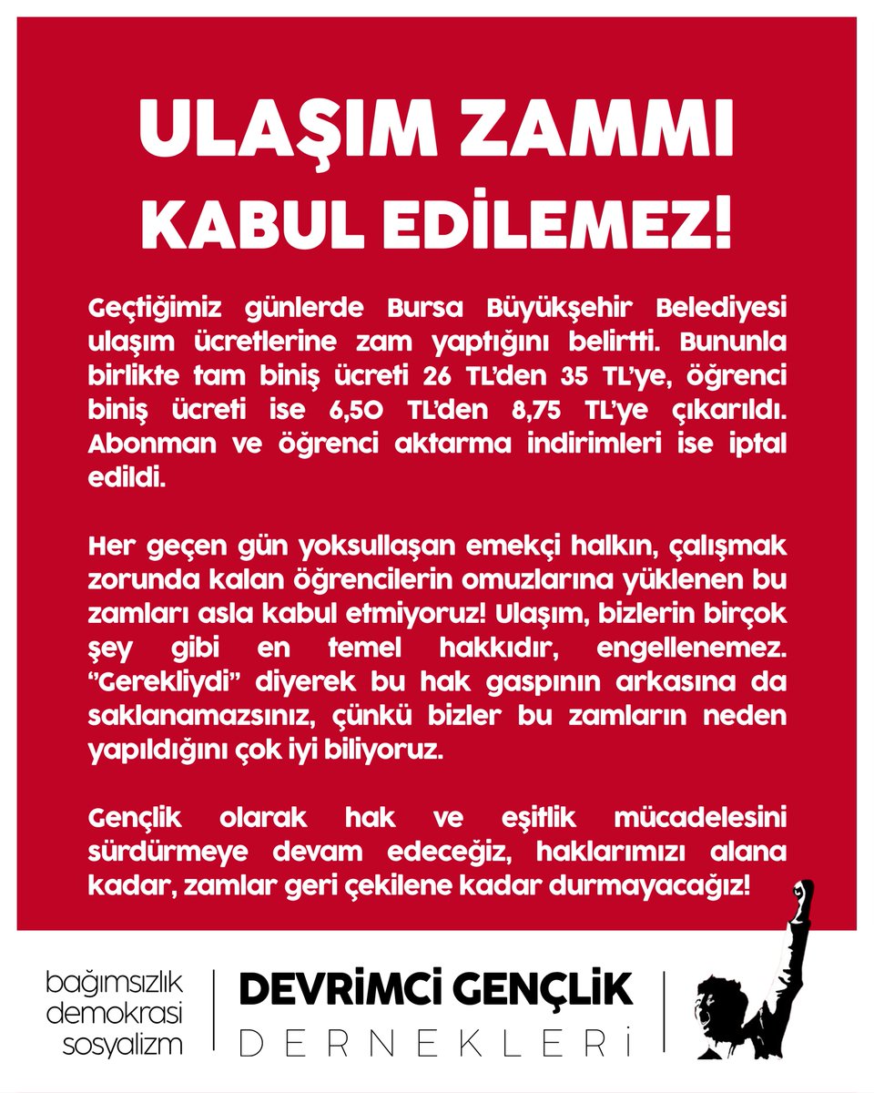 dgdbursa's tweet image. Ulaşım zammı kabul edilemez!
Geçtiğimiz günlerde Bursa Büyükşehir Belediyesi ulaşım ücretlerine zam yaptığını belirtti. Bununla birlikte tam biniş ücreti 26 TL’den 35 TL’ye, öğrenci biniş ücreti ise 6,50 TL’den 8,75 TL’ye çıkarıldı. Abonman ve öğrenci aktarma indirimleri ise…