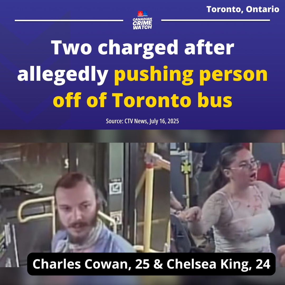 CrimeWatchCAN's tweet image. TORONTO, ONTARIO - Police have arrested two suspects after a person was assaulted and pushed off a TTC bus in the east end last month. The incident took place in the Cosburn and Broadview avenues area just before midnight on June 28.