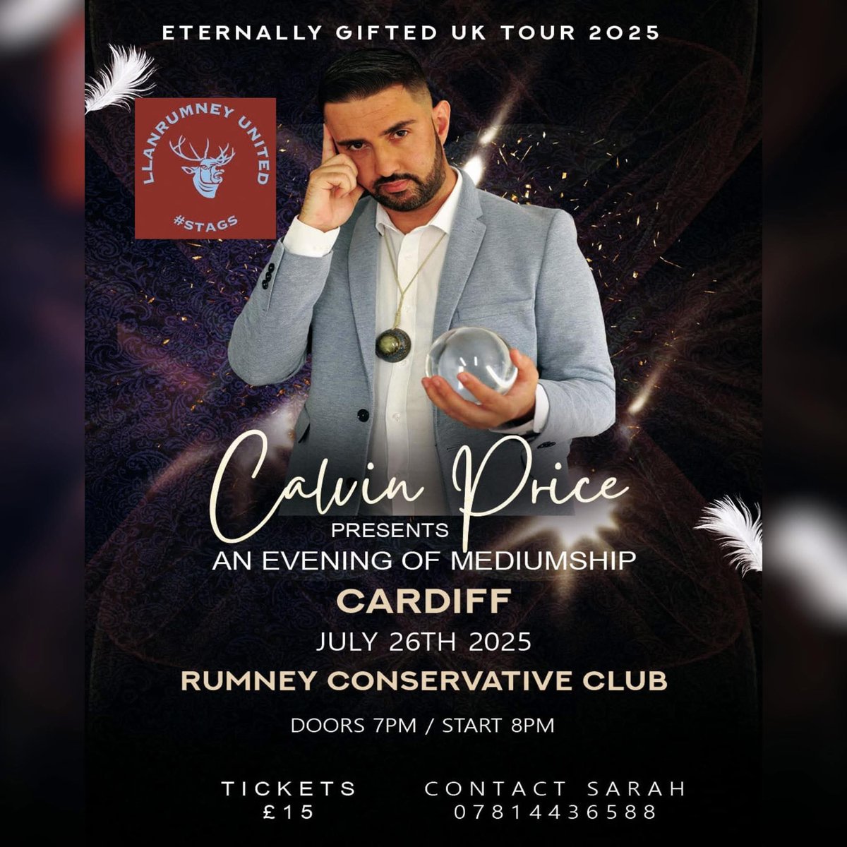 Hi all, our next fundraiser. Please let us know if you want tickets. 

We welcome published Medium Calvin Price to Rumney Cons on July 26th in our next club fundraiser.  Calvin is a UK renowned psychic medium who will not disappoint. We are so grateful that he has managed to