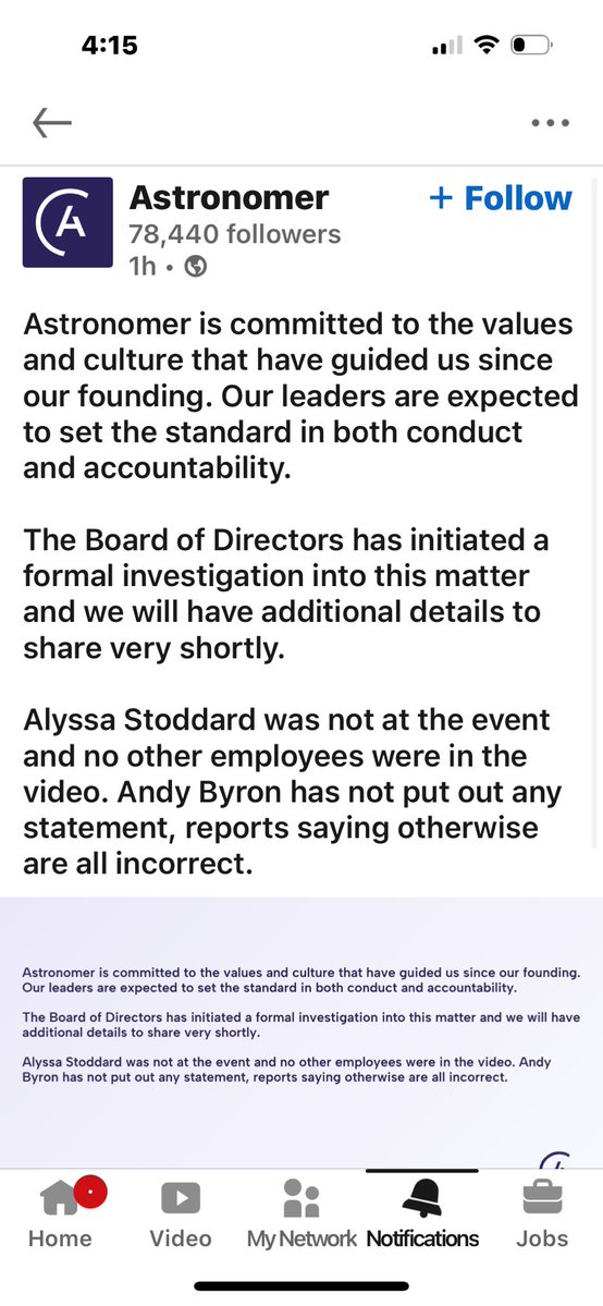 LarryMillerTV's tweet image. Astronomer issues formal statement after it’s CEO Andy Byron is seemingly caught in affair with company’s HR Chief. Astronomer Board of Directors launches formal investigation, statement says. @wusa9