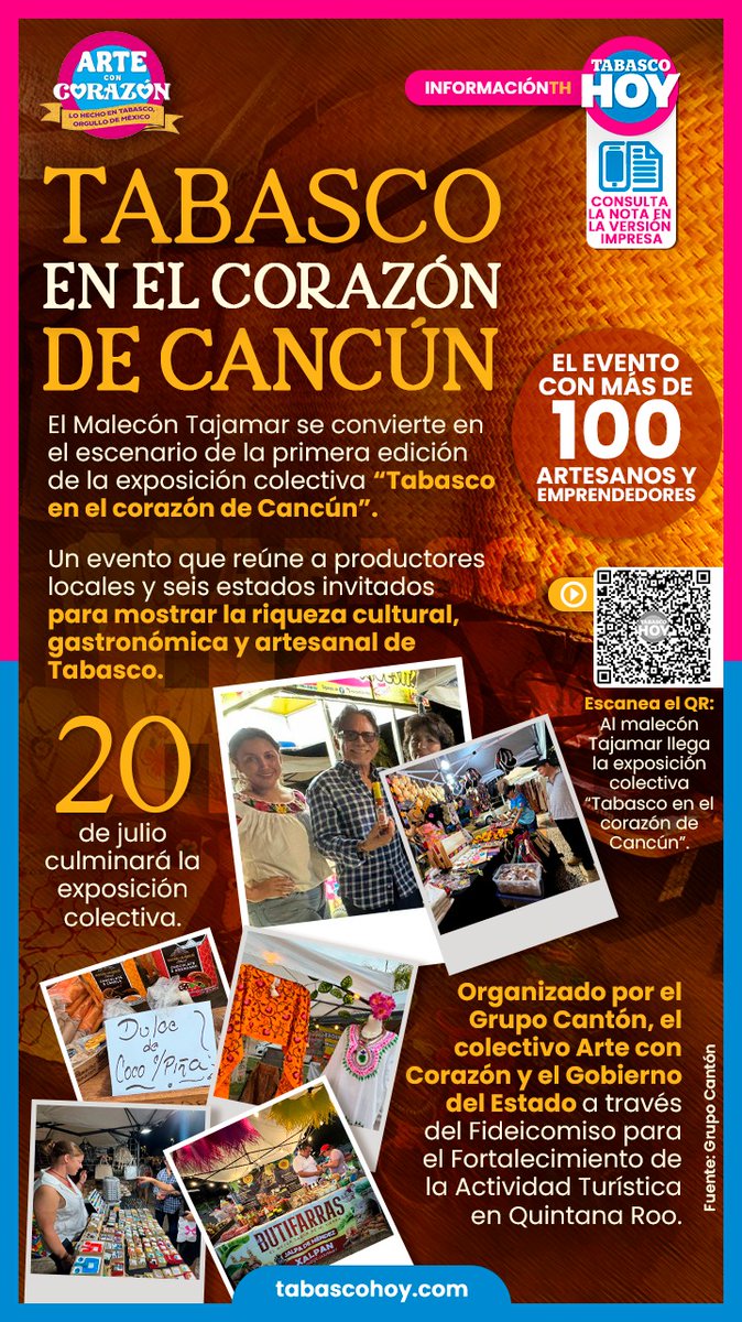 #Infografía📌 | Tabasco en el corazón de #Cancún: Una exposición colectiva llena de tradición.

Artesanos y emprendedores participan en una exposición organizada por <a href="/grupocanton/">Grupo Cantón</a> y Arte con Corazón.

#ClickAquí 👇
tabascohoy.com/tabasco-en-el-…