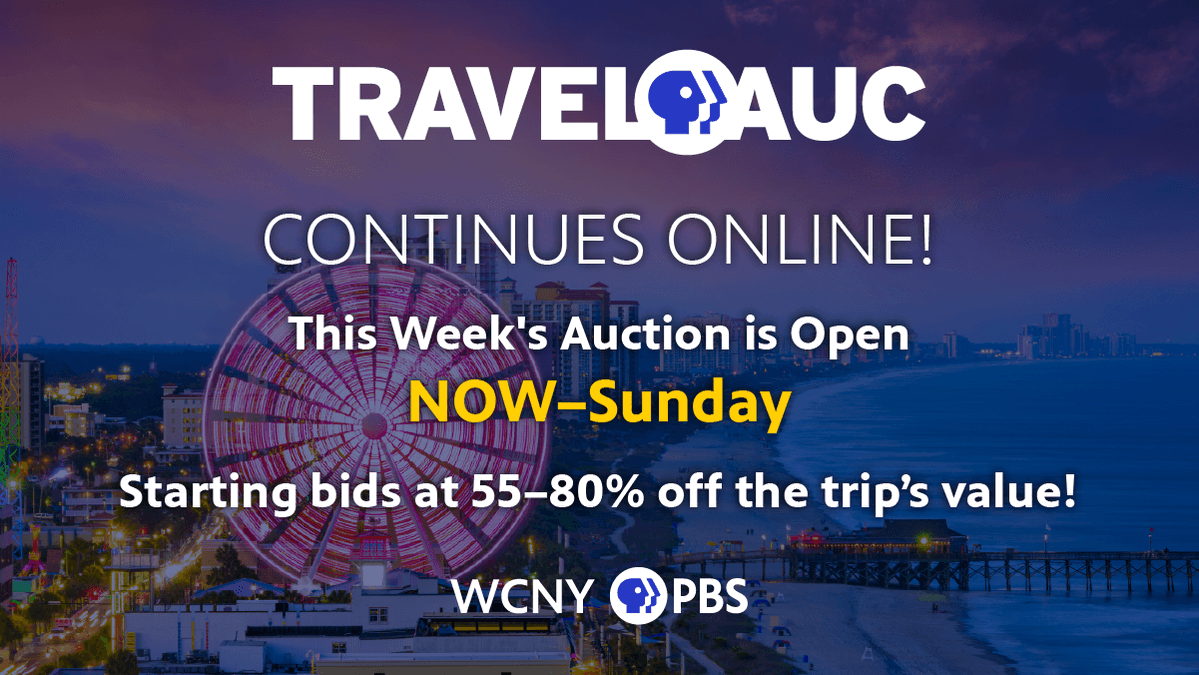 WCNYPBS's tweet image. WCNY’s #TravelAuc Online is open now-Sunday at 9 p.m. Place your bids (or use “Buy It Now”) before the auction closes and score big savings on your next vacation!
Browse trips at wcny.org/travelauction.
#WCNY #TravelAuc #TravelDeals #Vacation #Getaways #Trips #SummerFun