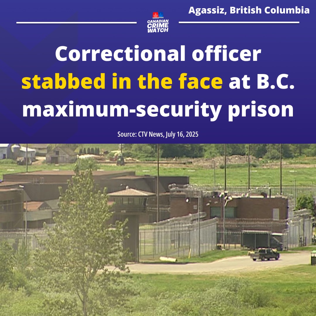 CrimeWatchCAN's tweet image. AGASSIZ, BRITISH COLUMBIA - A correctional officer was stabbed by an inmate at B.C.’s only maximum-security federal prison on Monday, according to his union, which described the incident as a random attack.