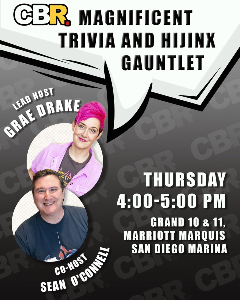 Jon Arvedon (@jonarvedon) on Twitter photo Next week, <a href="/CBR/">CBR</a> will be at #SDCC!
Make sure to check out the incredible trivia gauntlet hosted by <a href="/graedrake/">Grae Drake</a> and <a href="/Sean_OConnell/">Sean O'Connell</a> on Thursday at 4! Next week, <a href="/CBR/">CBR</a> will be at #SDCC!
Make sure to check out the incredible trivia gauntlet hosted by <a href="/graedrake/">Grae Drake</a> and <a href="/Sean_OConnell/">Sean O'Connell</a> on Thursday at 4!