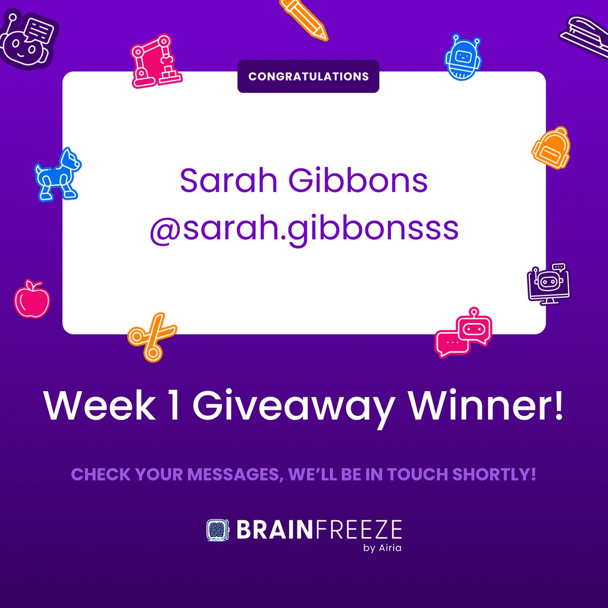 BrainFreeze_AI's tweet image. Congrats to our Week 1 #WeLoveTeachers Giveaway Winner, Sarah Gibbons, who scored a $100 Amazon gift card to help stock their classroom. 🙌
Didn’t win this time? Our Week 2 giveaway kicks off Monday morning with another chance to win a $100 Amazon gift card, so stay tuned!