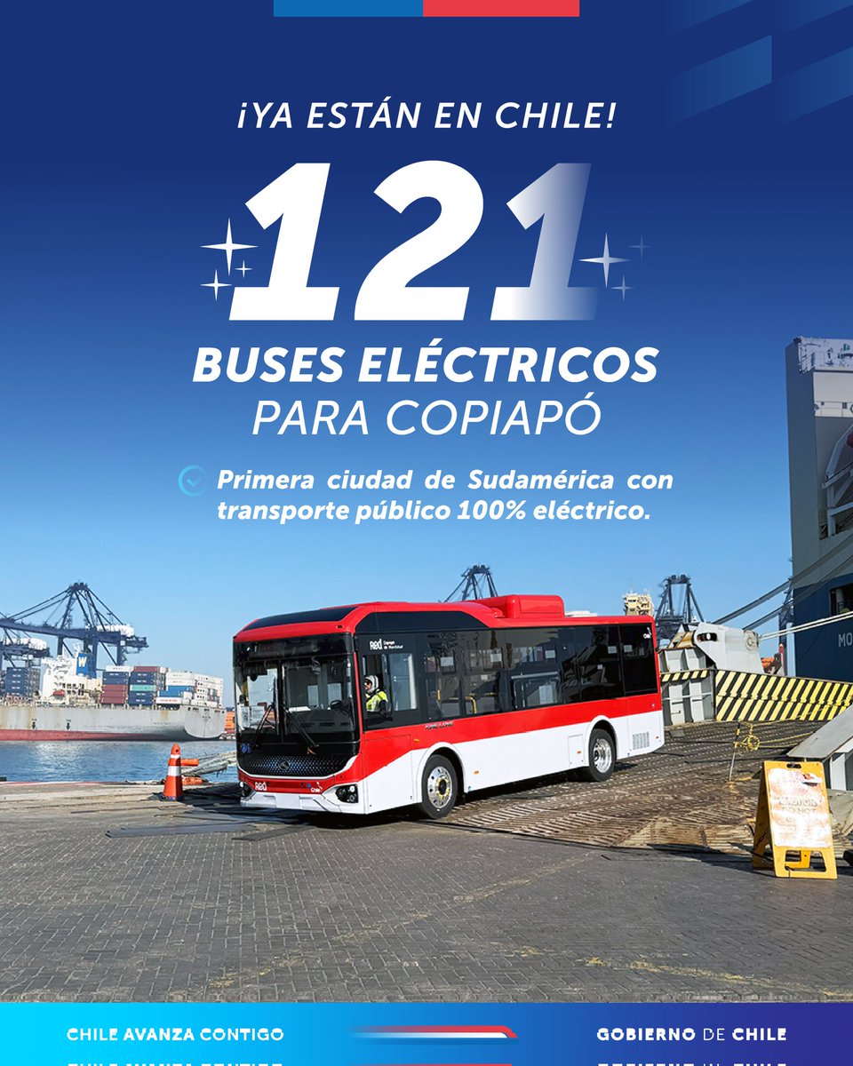 ¡Atención Copiapó!

Hoy, en el puerto de San Antonio, fueron desembarcados los 121 buses eléctricos que próximamente comenzarán a circular en Copiapó, primera ciudad de Sudamérica que contará con un sistema de transporte público mayor 100% eléctrico.