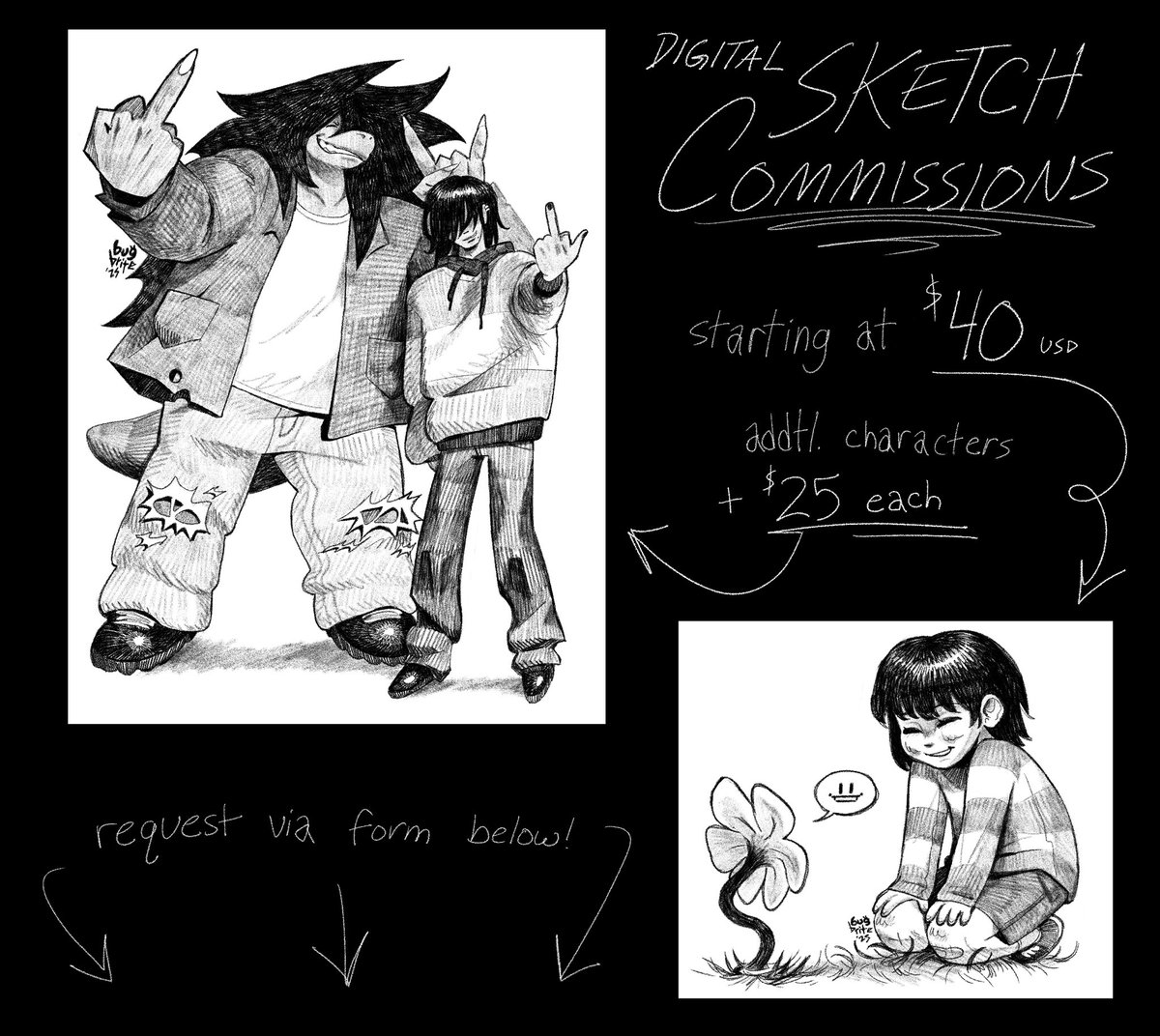 bugbrite's tweet image. I GOT LAID OFF! 🥀
so sketches are open!! starting at 40, form in thread 🪲💚