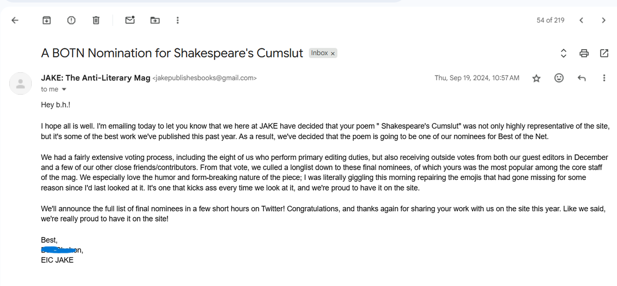 jceylon2's tweet image. there's been some discussion of my "best of the net" nomination for the emojipasta piece. some people seem to be able to see the nomination tag, while others can't. here's the initial email they sent me to notify me of my nomination. no idea if i'm still in the running: