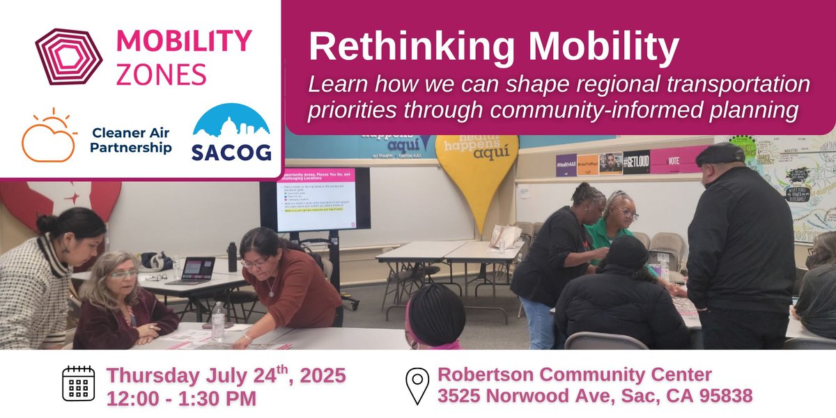 Curious how communities are shaping transportation priorities? 🚗 
Join the Cleaner Air Partnership luncheon on July 24 to hear about SACOG’s Mobility Zones Project and how communities are shaping transportation investments across the Sac region.  
RSVP: buff.ly/syDcFvI