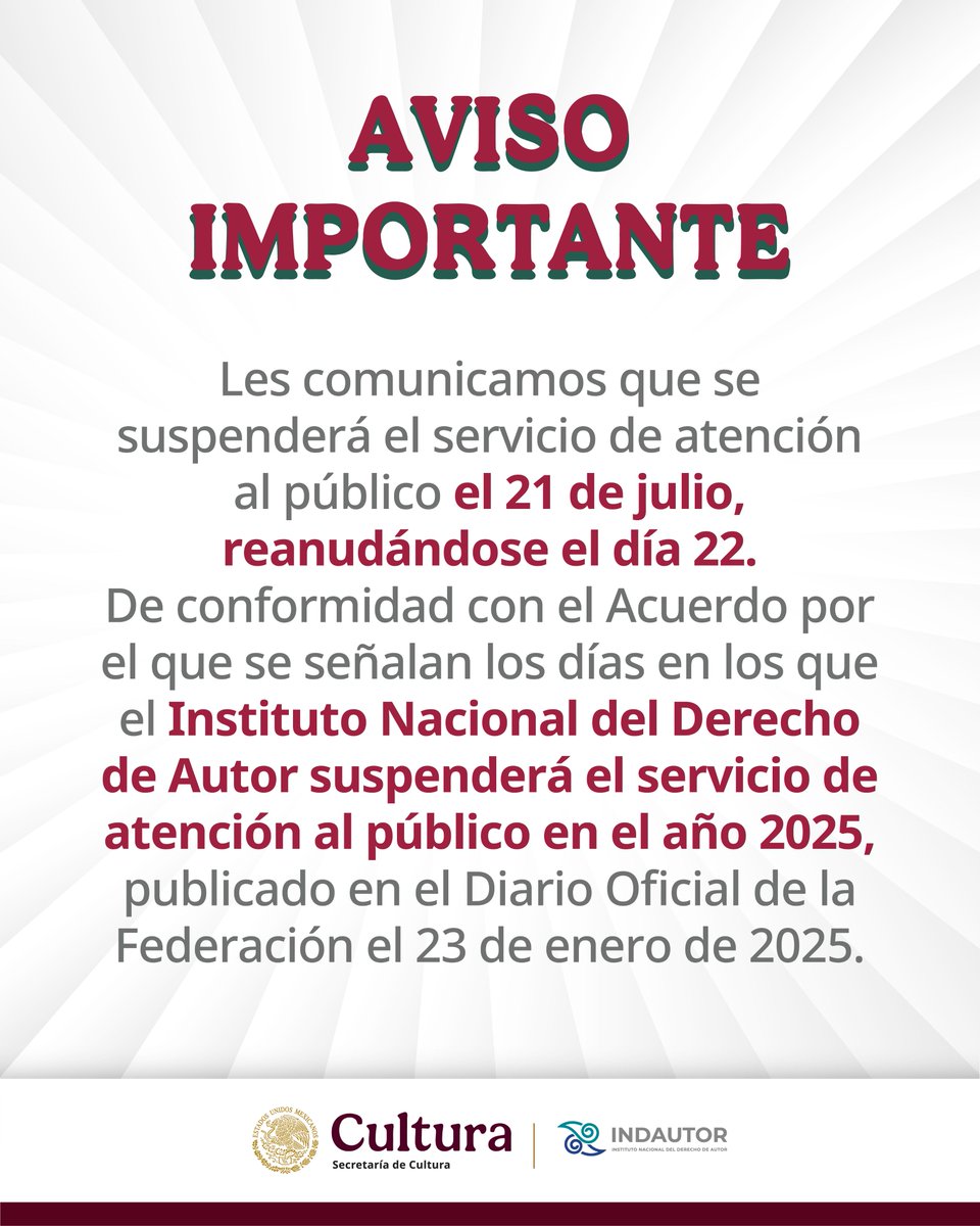 📢 #AvisoImportante 🚨
Se suspenderá el servicio de atención al público el día lunes 21 de julio reanudándose el día martes 22 de julio.