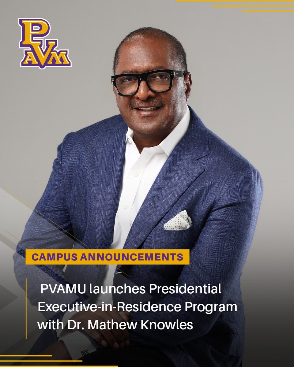 PVAMU's tweet image. The Office of the President at Prairie View A&M University (PVAMU) proudly announces the launch of the Presidential Executive-in-Residence Program.
Learn more: bit.ly/4kN18TY
#PVAMU #ExecutiveInResidence #MathewKnowles #ExcellenceLivesHere