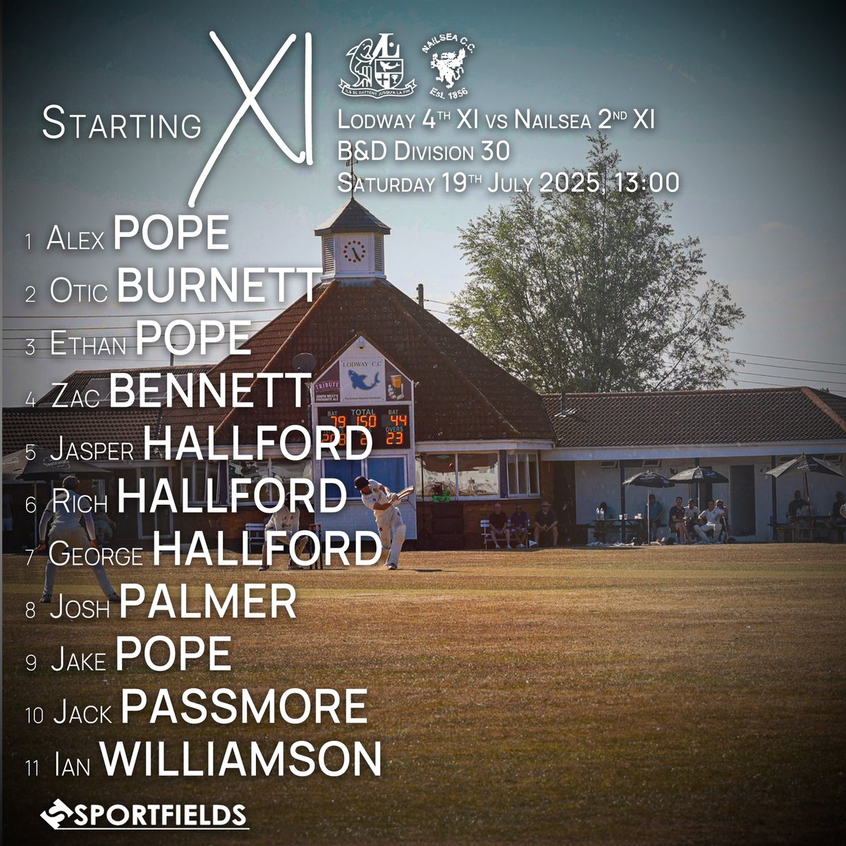 🚨LINEUPS🚨

(A) 1st XI vs Timsbury
(H) 2nd XI vs Long Ashton
(A) 3rd XI vs Old Cathedralians
(H) 4th XI vs Nailsea

Presented by Sportfields Ltd.

4 big matches, c'mon Lodway!

🔵🦈