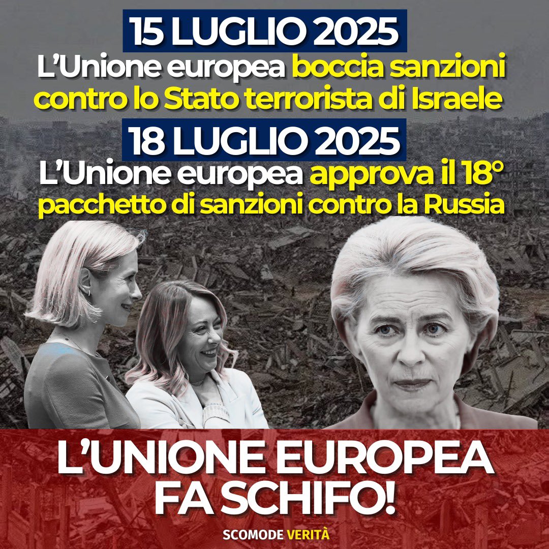 ale_dibattista's tweet image. Diciotto pacchetti di sanzioni contro Mosca, anche a costo di massacrare le nostre economie, zero sanzioni contro Israele. Zero, dopo 18 mesi di genocidio. Leggete qui 👉 alessandrodibattista.substack.com/p/18-pacchetti… e iscrivetevi al mio canale Substack