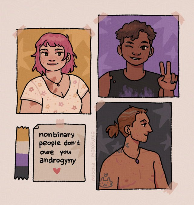 ChasteHorniman's tweet image. For #NonbinaryAwarenessWeek, its important that folk realize an enby doesnt owe you any masc or femme presentation to help make u feel "LeSs CoNfUsEd"
Literally everything is about us ๐ฅฐ