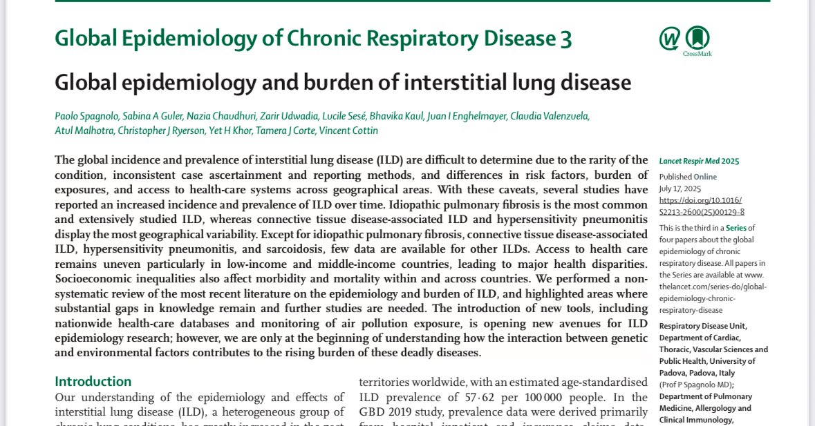 Recently published in The Lancet Respiratory Medicine, I’m sharing this paper on ILD epidemiology, which I had the pleasure of co-authoring with an outstanding group of colleagues and friends from around the world. Download here: lnkd.in/dCuYwQCB