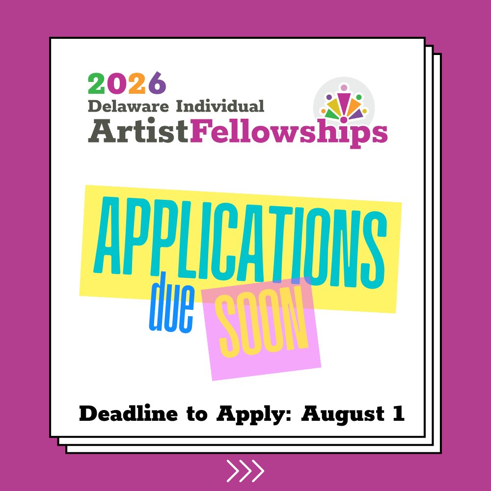 ArtsDelaware's tweet image. Delaware artists — the clock is ticking! The deadline to apply for the Delaware Division of the Arts’ Individual Artist Fellowships is August 1 at 11:59 p.m.
Awards of $5,000, $8,000, or $12,000 are available to support your creative work!
Guidelines: arts.delaware.gov/artist-fellows…