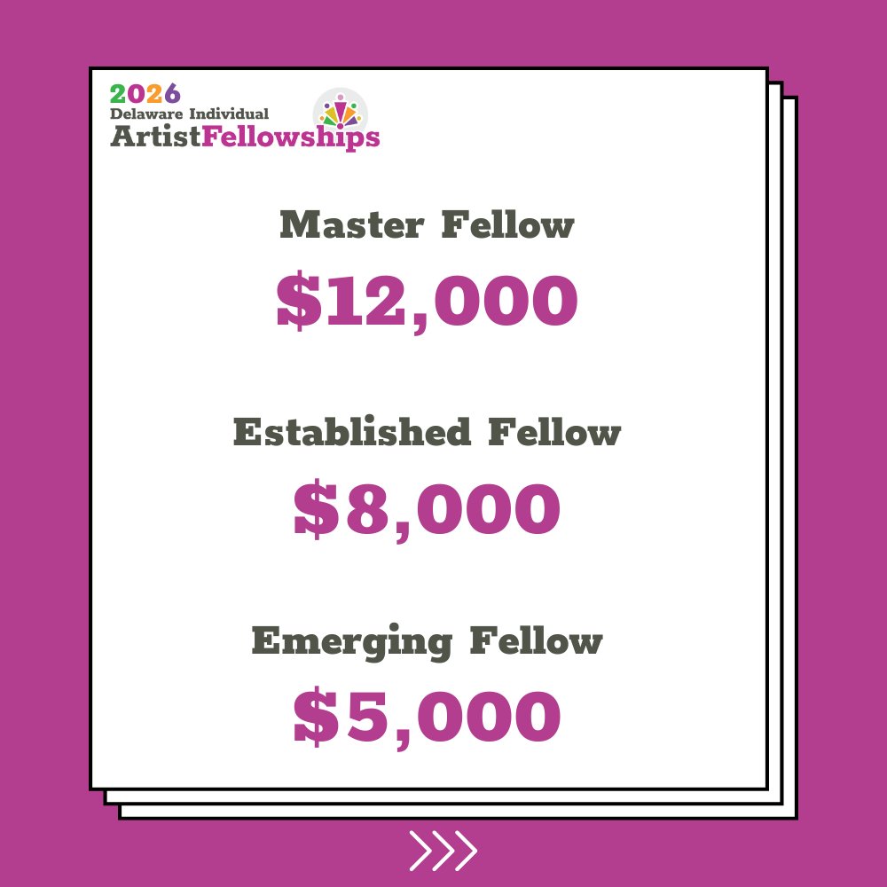 ArtsDelaware's tweet image. Delaware artists — the clock is ticking! The deadline to apply for the Delaware Division of the Arts’ Individual Artist Fellowships is August 1 at 11:59 p.m.
Awards of $5,000, $8,000, or $12,000 are available to support your creative work!
Guidelines: arts.delaware.gov/artist-fellows…