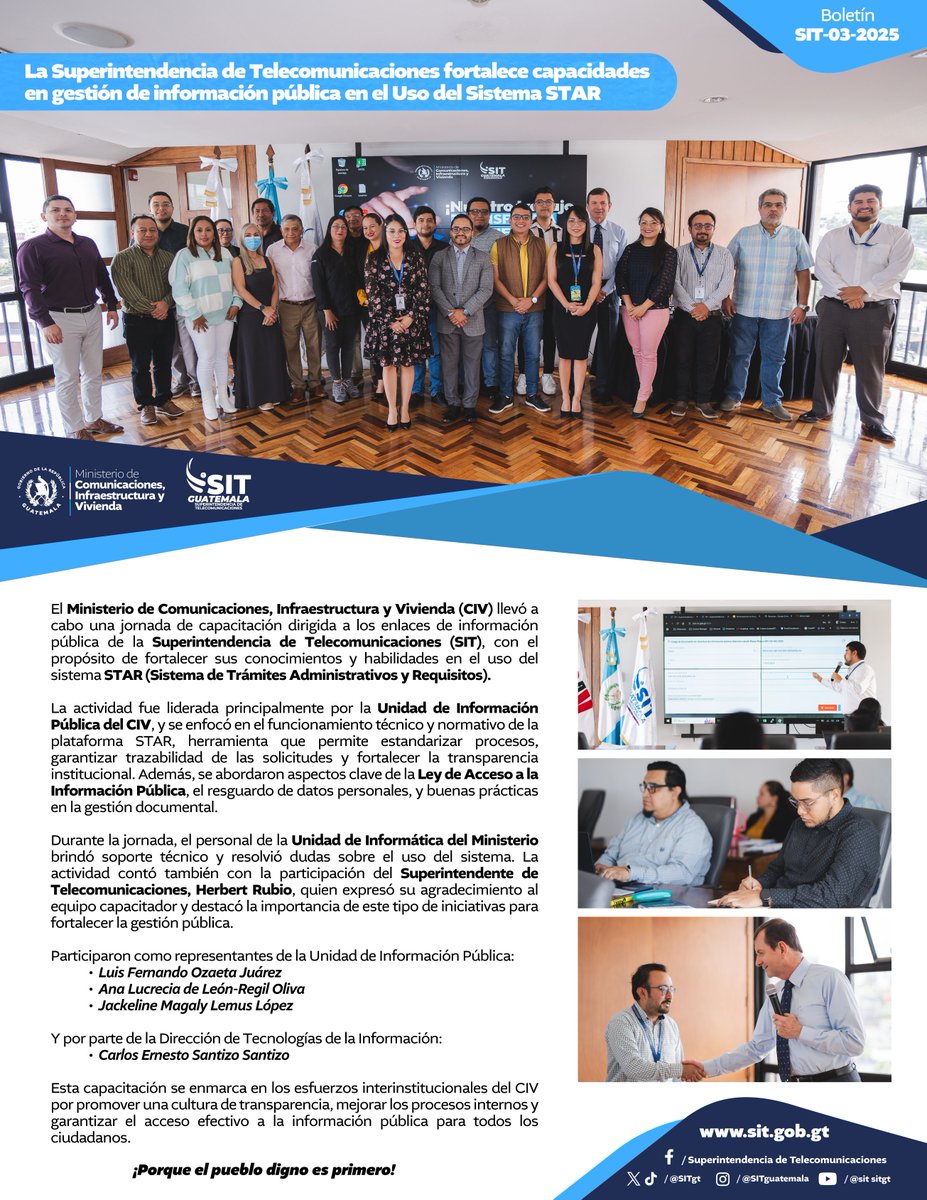 SIT Guatemala (@sitgt) on Twitter photo La <a href="/SITgt/">SIT Guatemala</a>, junto al <a href="/CIV_Guatemala/">Ministerio de Comunicaciones</a>, realizaron una jornada de capacitación para los enlaces de información pública, fortaleciendo sus conocimientos técnicos y normativos.
En este boletín informativo encontrarás todos los detalles. 👇 La <a href="/SITgt/">SIT Guatemala</a>, junto al <a href="/CIV_Guatemala/">Ministerio de Comunicaciones</a>, realizaron una jornada de capacitación para los enlaces de información pública, fortaleciendo sus conocimientos técnicos y normativos.
En este boletín informativo encontrarás todos los detalles. 👇