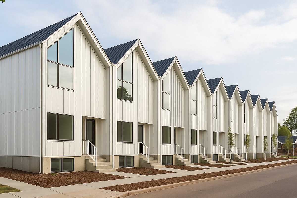 BuildUpDenver's tweet image. PROPOSED
Julian St & W 5th Ave, #Denver 80204
10 rowhomes right by Barnum Park replace 1 SU home on large lot, each w/ garage parking. Close to Knox Ct bus stop and 6th Avenue. 1 new home must be income-restricted bc of EHA, cool stuff.
Rendering made with AI.
