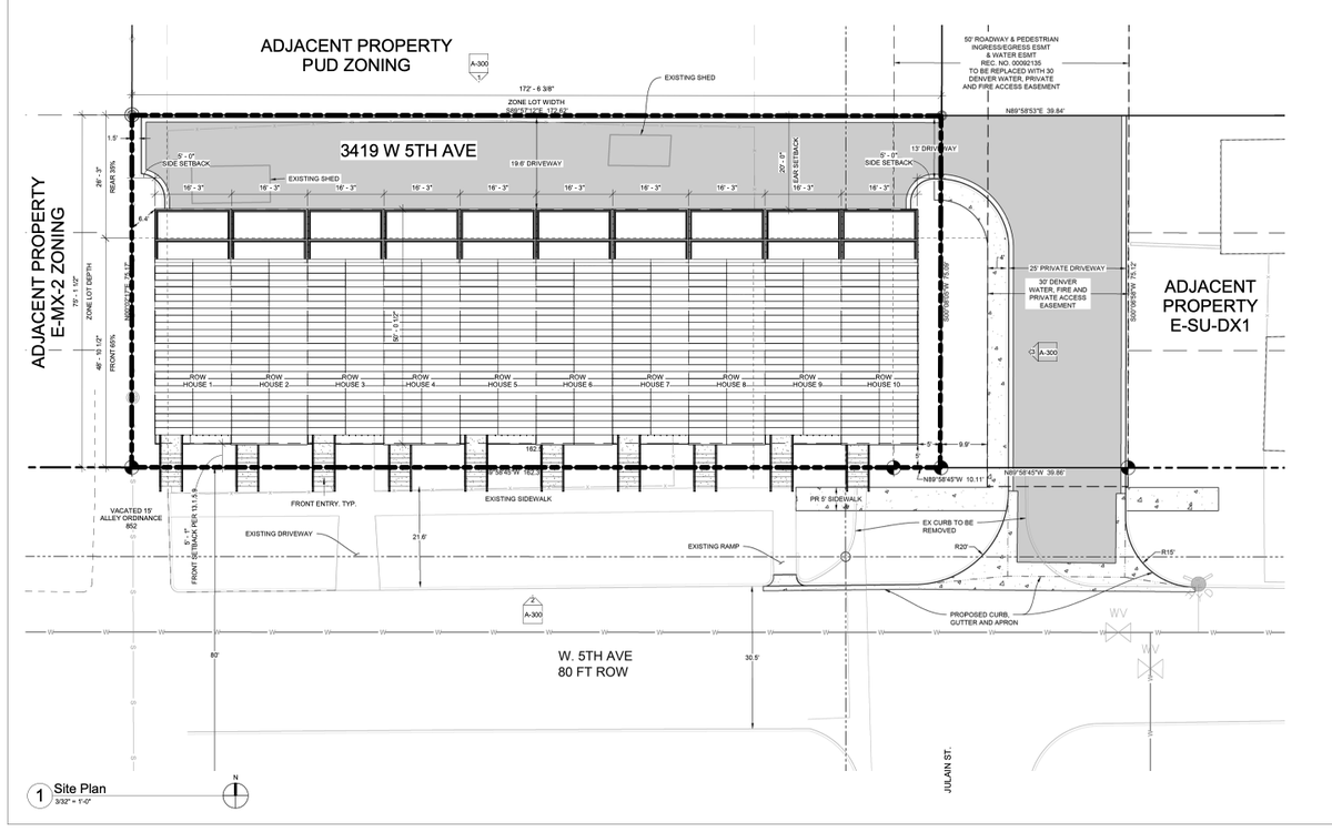BuildUpDenver's tweet image. PROPOSED
Julian St & W 5th Ave, #Denver 80204
10 rowhomes right by Barnum Park replace 1 SU home on large lot, each w/ garage parking. Close to Knox Ct bus stop and 6th Avenue. 1 new home must be income-restricted bc of EHA, cool stuff.
Rendering made with AI.