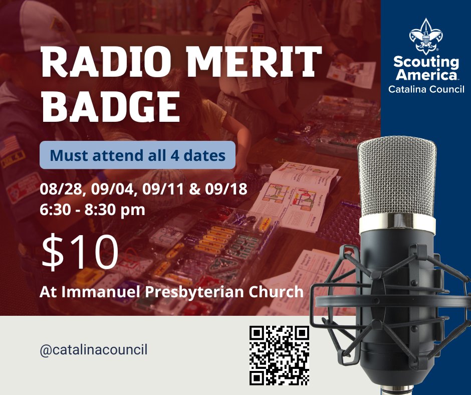 📣 Exciting announcement!
This is your chance to earn another fun &amp; hands-on badge: Radio Merit Badge!
Starts 8/28 in Tucson—just $10!
Scouts &amp; parents welcome.
🔗 scoutingevent.com/011-102682
#ScoutingAmerica #RadioMeritBadge