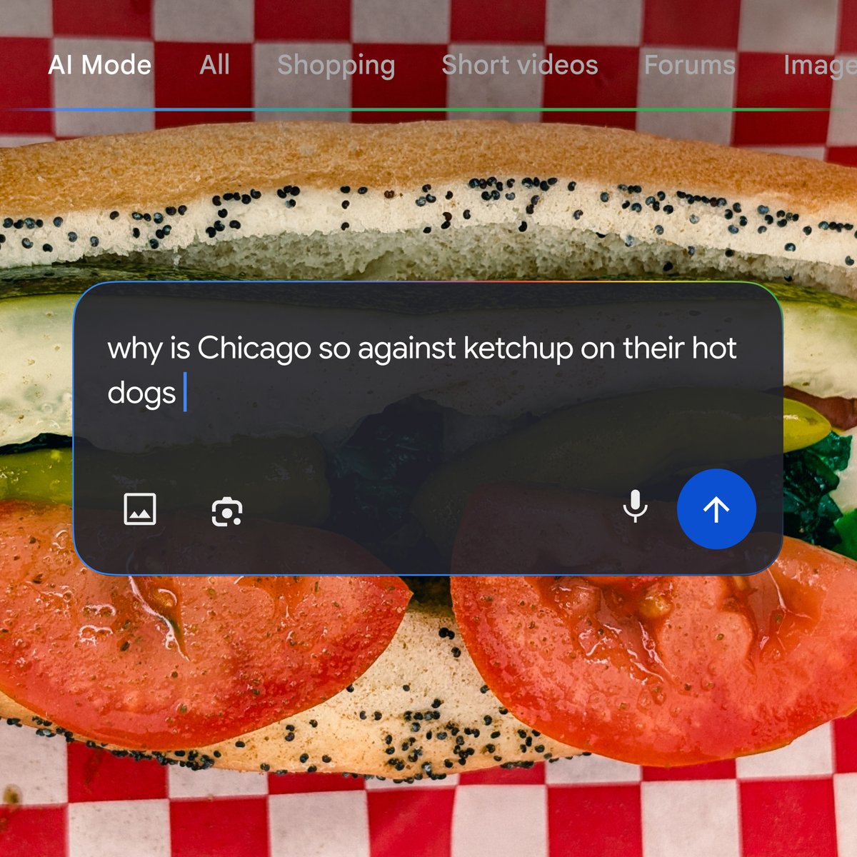 Google's tweet image. From iconic recipes to regional rivalries, take a hot dog road trip with AI Mode in Search 🌭