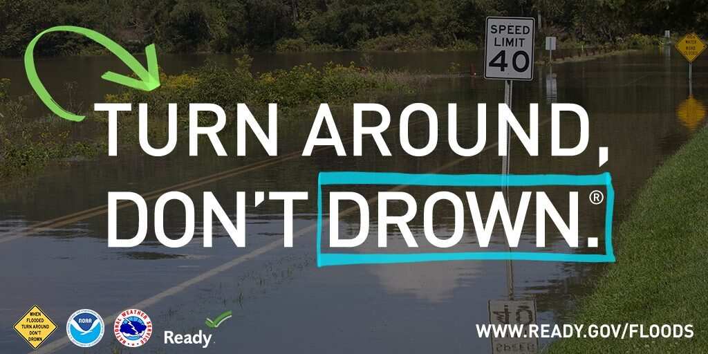 Readygov's tweet image. If local officials close roads due to flooding, don't bypass the barricades. Take an alternate route. Excessive rainfall is in the forecast this weekend for the Midwest, Appalachia, and the lower Mississippi River Valley. During floods, always remember: Turn around, don't drown!
