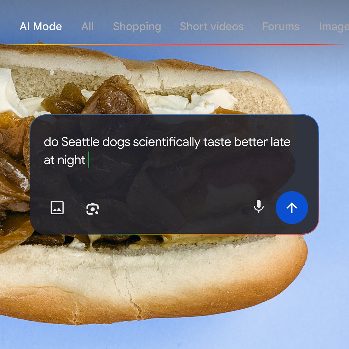 Google's tweet image. From iconic recipes to regional rivalries, take a hot dog road trip with AI Mode in Search 🌭